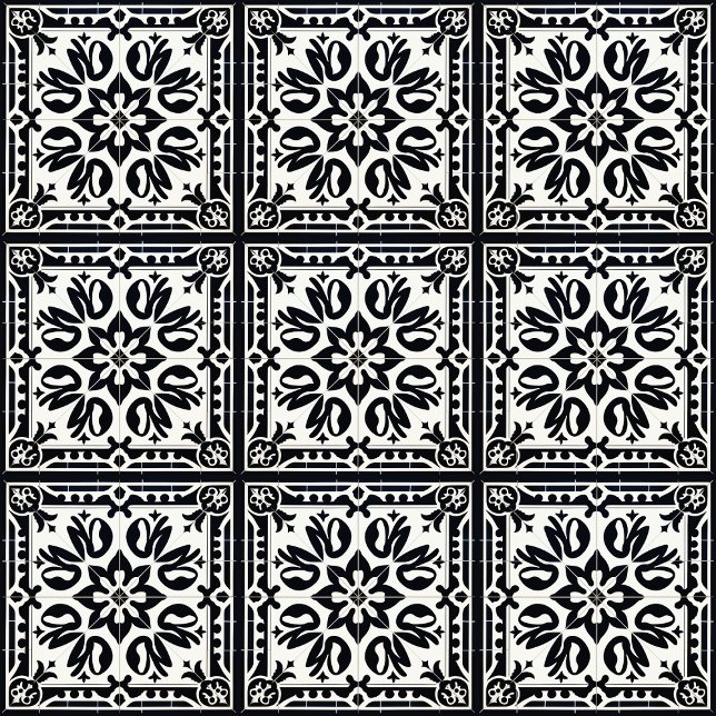 Azulejos Antigos, Preto e Branco, Padrão de Azulej (Tile pattern, 3 x 3 tiles with black grout)