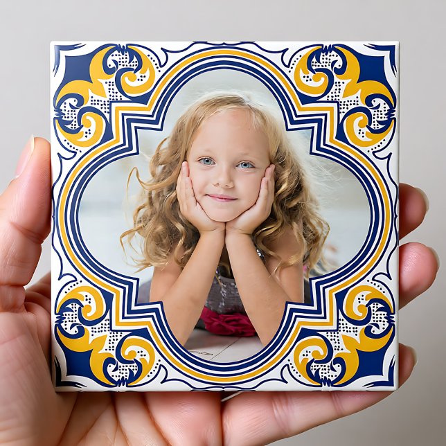 Azulejos azuis e amarelos, fotos personalizadas (Cute blue and yellow Azulejos, custom photo Ceramic Tile)