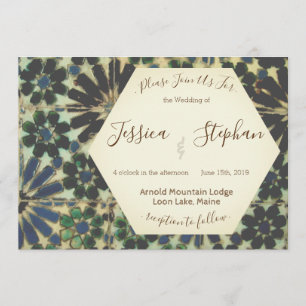 Azulejos azuis geométricos que Wedding o convite