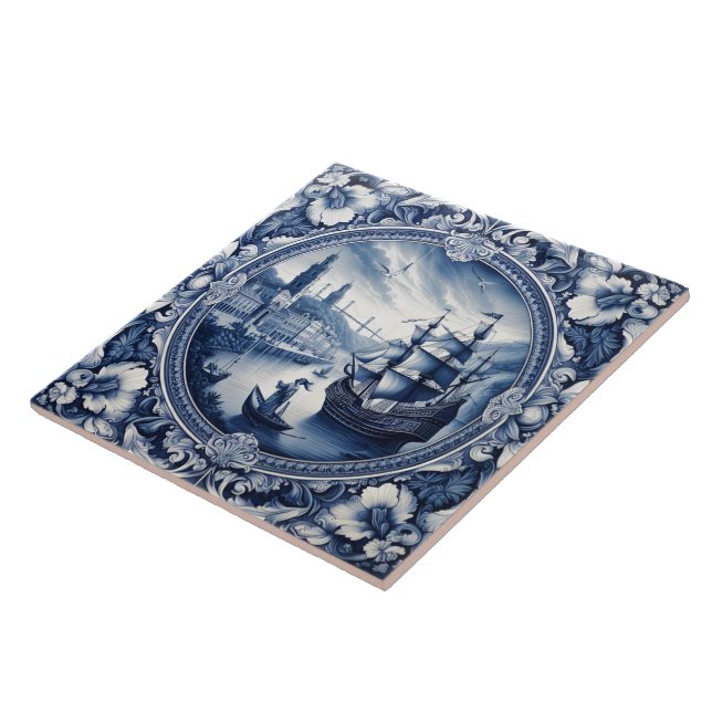 Azulejos Azuis Indigo Mostram Cena Marítima (Lateral)