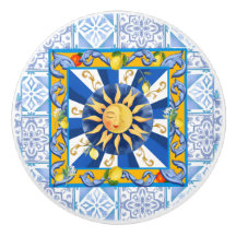 Azulejos azuis, sol siciliano, mosaico, majolica,