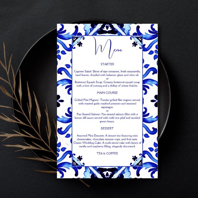 Azulejos azulejo Talavera vintage menu mexicano (Talavera azulejo Maiolica blue tiles vintage Mexican bridal shower wedding menu card template)