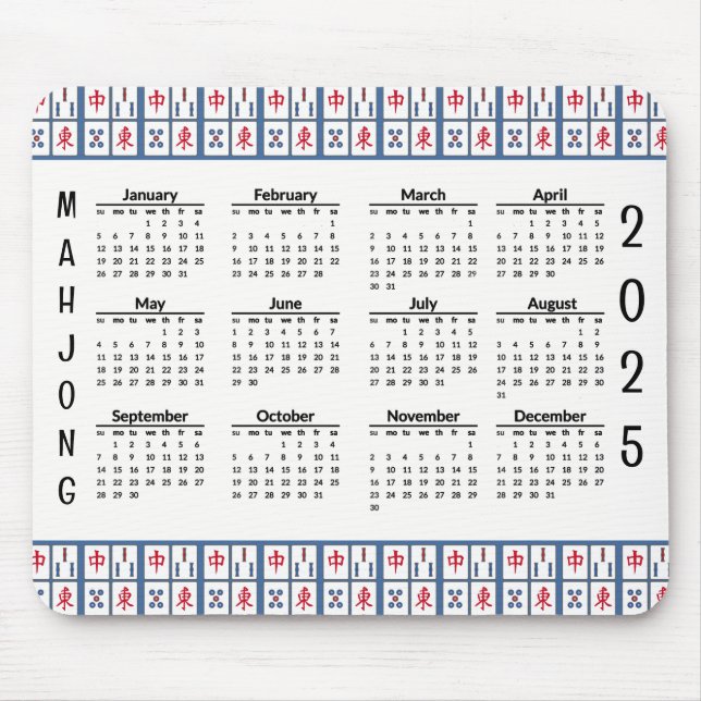 Azulejos de Jogo Mahjong 2025 Calendar Mousepad (Frente)