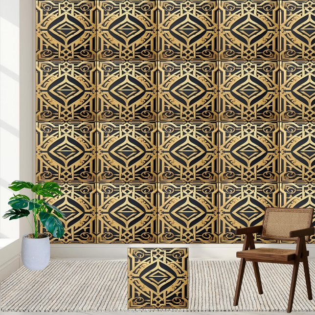 Azulejos gregos negros e Dourados do mosaico (Bold Gold and Black Mosaic Greek Tiles)