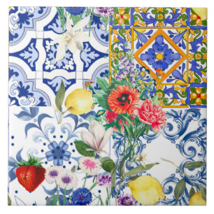 Azulejos mediterrânicos, limão, flores, majolica,