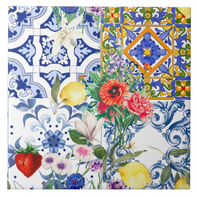 Azulejos mediterrânicos, limão, flores, majolica,  (Frente)