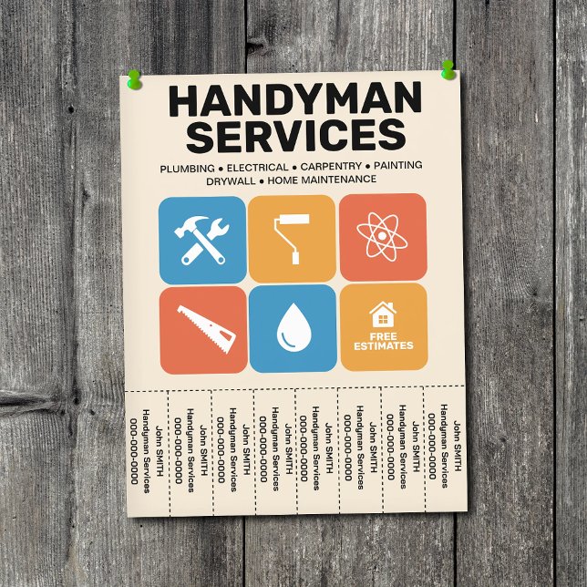 Azulejos - Panfleto de Serviços de Mão de Obra com (Tiles - Handyman Services Flyer with Tear-Off Tabs)