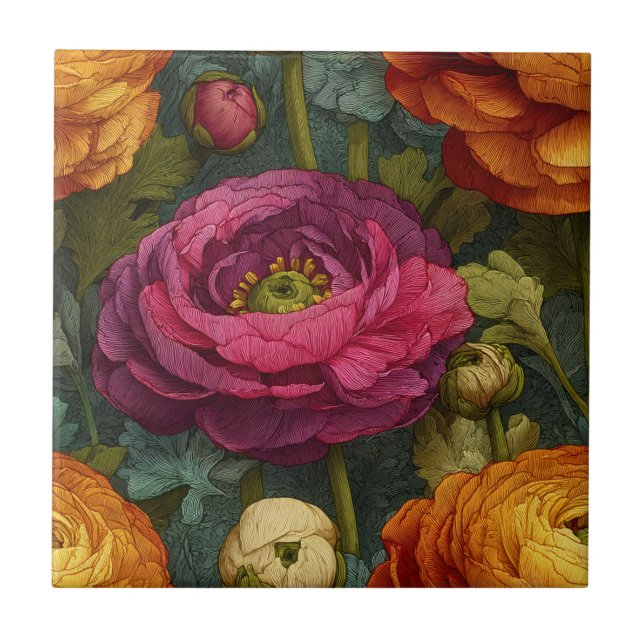 Azulejos Ranunculus Retro Modernos Para Espaço de  (Frente)