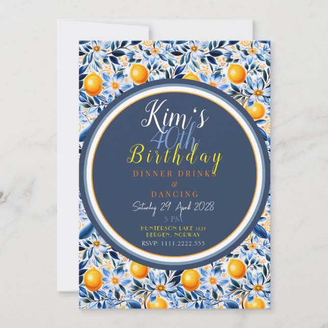 Azulejos Temáticos de Citrus Chic com Convite Azul (Frente)