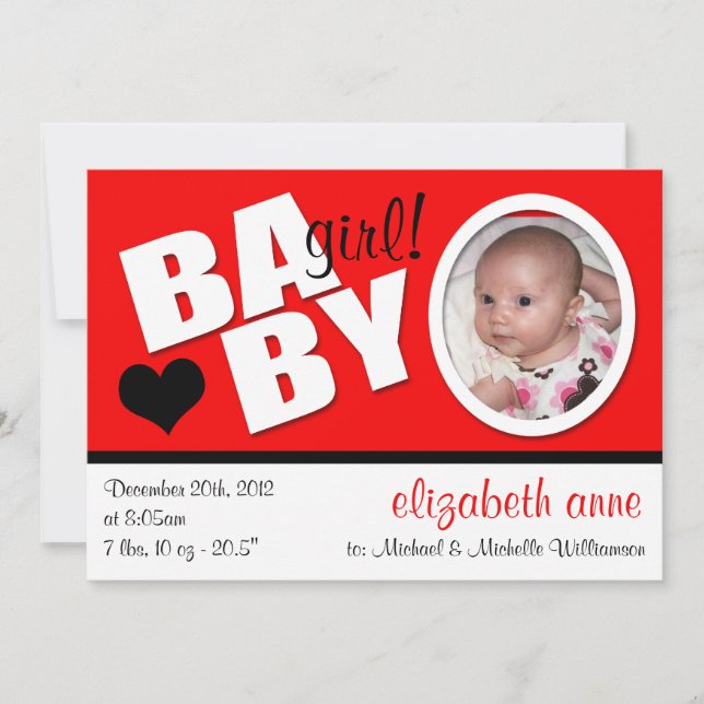 B A B Y Trendy Red Photo Birth Anúncio (Frente)