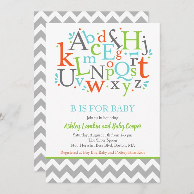 B é para o Convite para Chá de fraldas de Alfabeto (Frente/Verso)