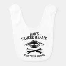 baby bib com o logotipo preto do Reparo de Saucer
