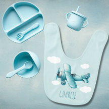 Baby Boy Blue Vintage Airplane Cloud Aviation Name
