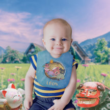 Tengu & Lion Dance Cats Baby Bib - Azul
