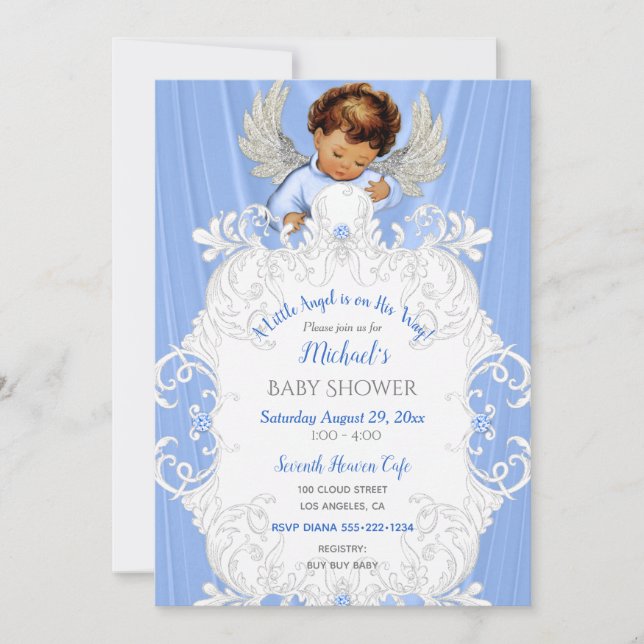 Baby Angel Blue Silver Meio Skin Tone Convite (Frente)
