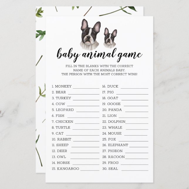 Baby Animal Game French Buldog Chá de fraldas BW (Frente/Verso)