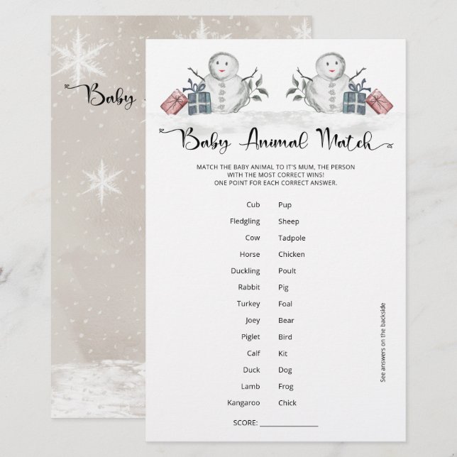 Baby Animal Match Snowman Chá de fraldas (Frente/Verso)