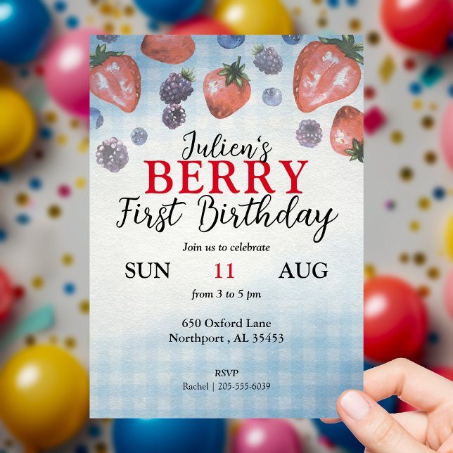 Baby Berry Primeiro Convite de aniversário (Baby's BERRY First Birthday invitation | Fruit, Summer, Berries, Buffalo Check, Picnic)