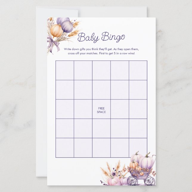 Baby Bingo Fall Purple Pumpkin Jogo do Chá de fral (Frente)