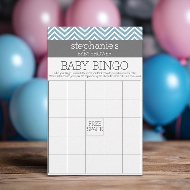 Baby Bingo - Jogo do Chá Pastel Blue Chevrons (Custom Baby Shower Games)