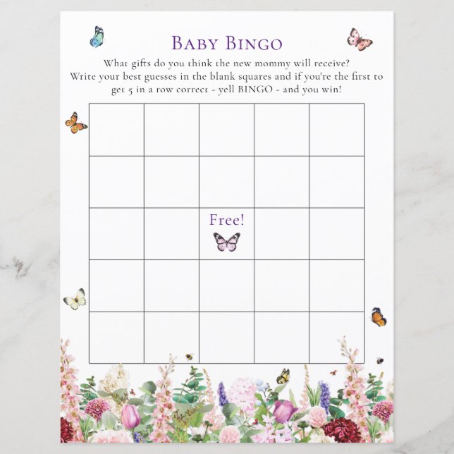 Baby Bingo | Jogo Floral e Borboletas Rosa Púrpura (Frente)
