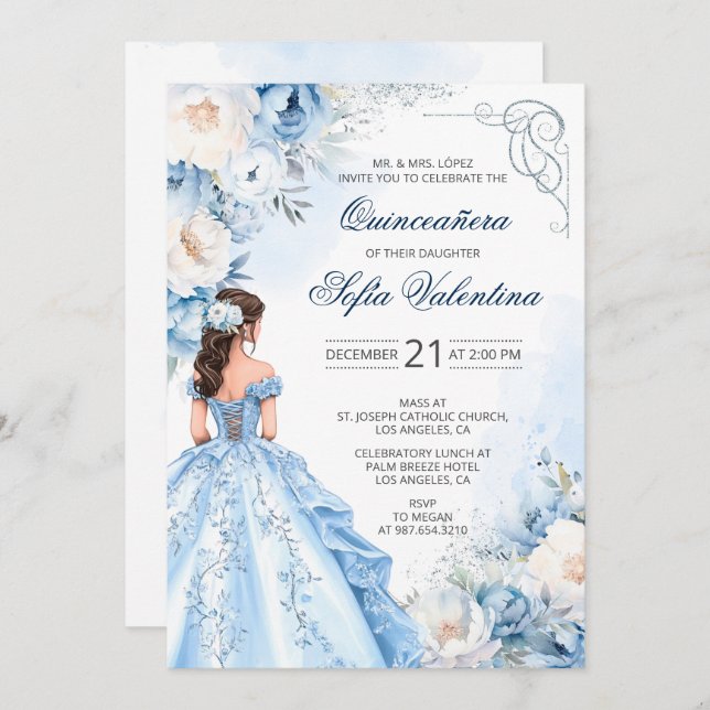 Baby Blue Cinderella Quinceañera Convite (Frente/Verso)