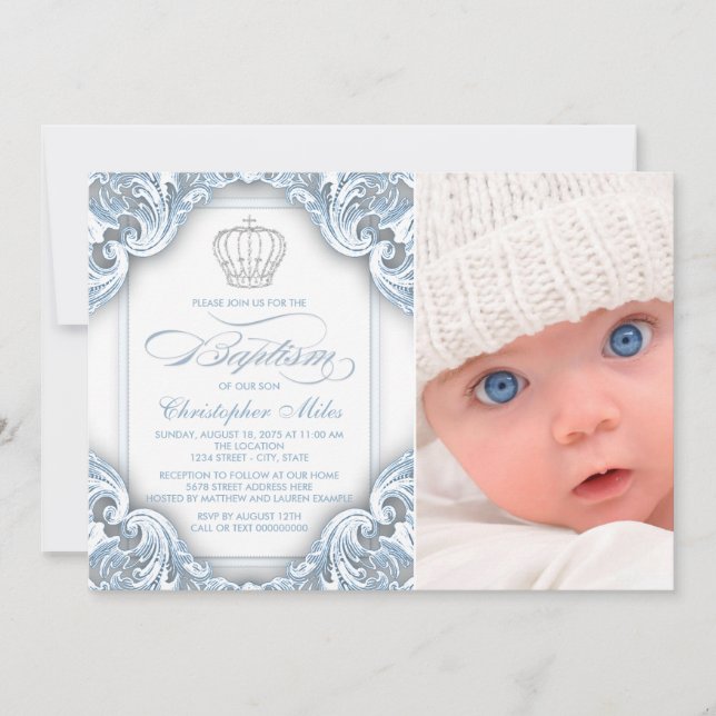 Baby Blue Prince Crown Baptism Convites (Frente)