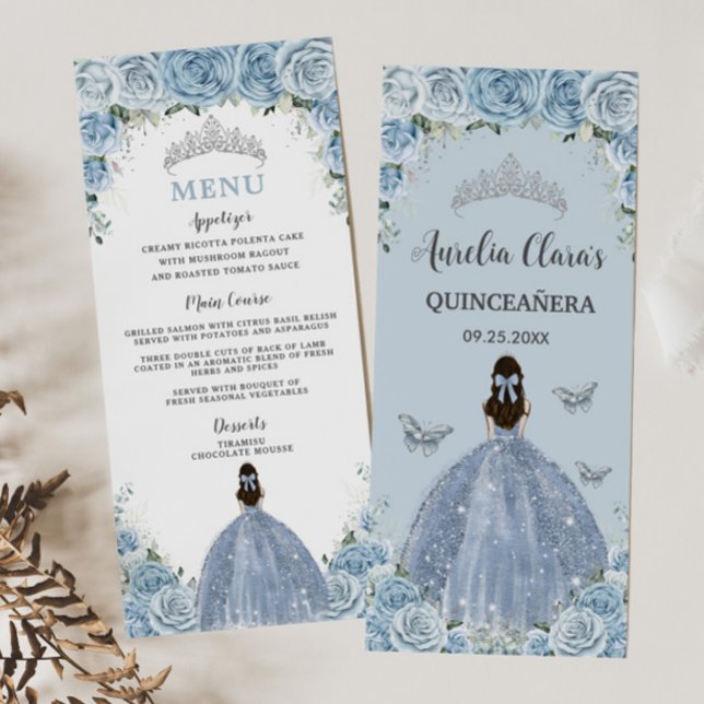 Baby Blue Rosa Floral Princess Quinceañera Menu (Criador carregado)