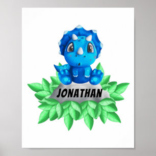Baby Blue Triceratops Dinossaur White Poster