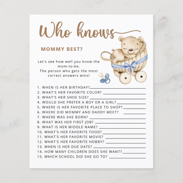 Baby Boy chá de fraldas adivinha quantos ursos pel (Frente)