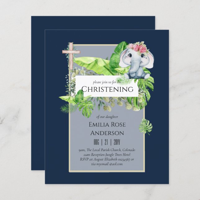 Baby Elephant CHRISTENING Convida para a selva das (Frente/Verso)