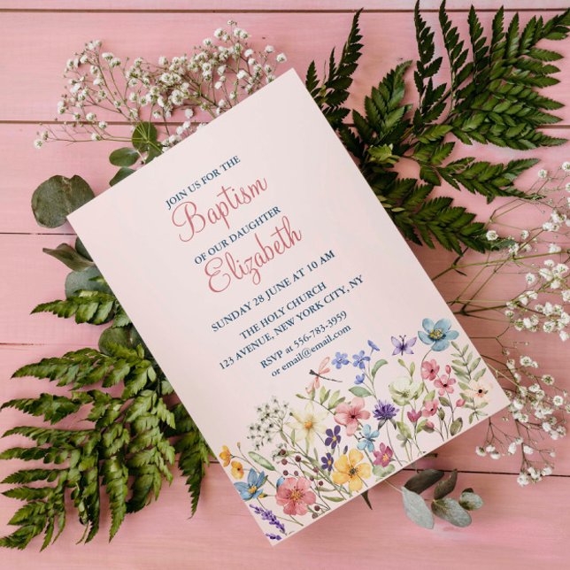 Baby Girl Baptism Watercolor Convite Floral (Baby Girl Baptism Watercolor Floral Invitation)
