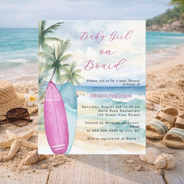 Baby Girl Board surfboard Baby Shower invitation (Criador carregado)