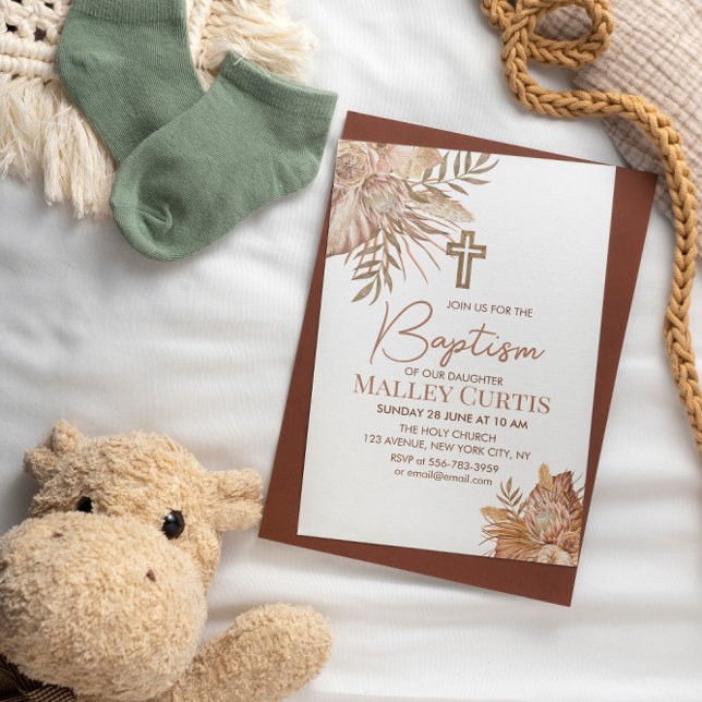 Baby Girl Boho Floral Brown Baptism Convite (Baby Girl Boho Floral Brown Baptism Invitation)
