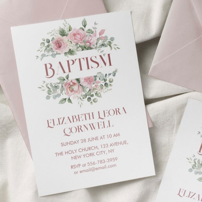 Baby Girl Floral Wreath Baptism Convite (Baby Girl Floral Wreath Baptism Invitation)