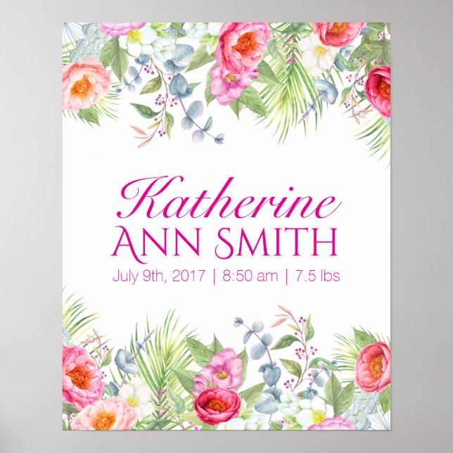 Baby Girl Name Birth Stor Custom Floral Art Poster (Frente)