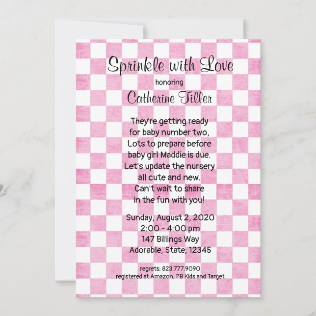 Baby Girl Pink Gingham Sprinkle Chá Convite (Frente)
