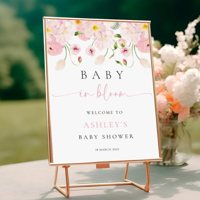 Baby In Bloom Pink Baby Shower Welcome Poster (Criador carregado)