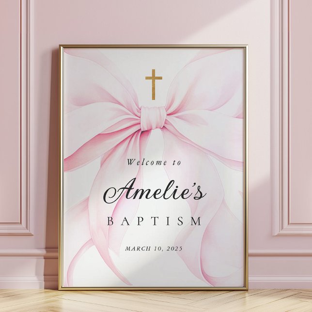 Baby Pink Bow Girl Baptism Welcome Poster (Criador carregado)