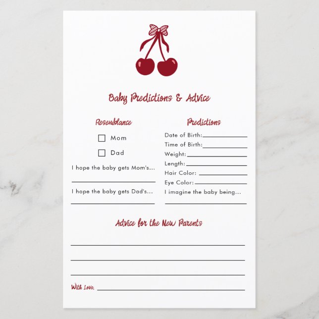 Baby Predictions Advice Cherry Bow Baby Shower (Frente)