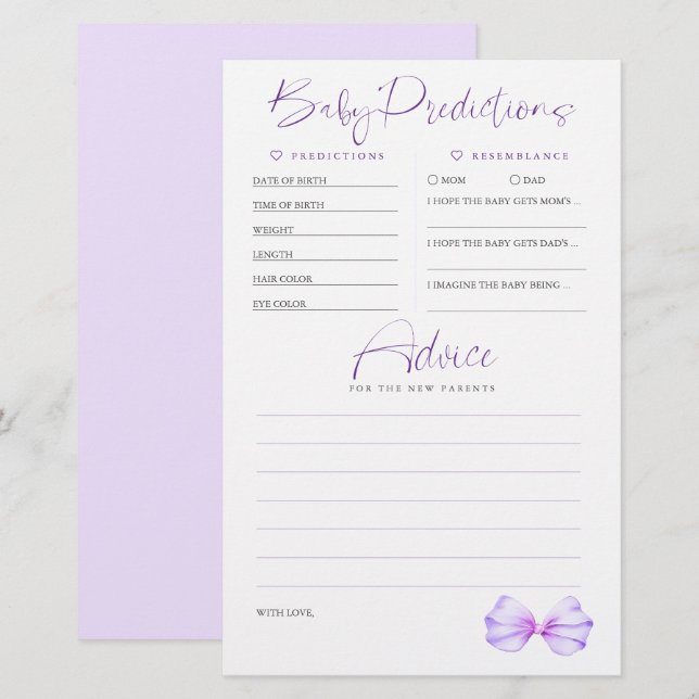 Baby Predictions Advice Purple Chá de fraldas Game (Frente/Verso)