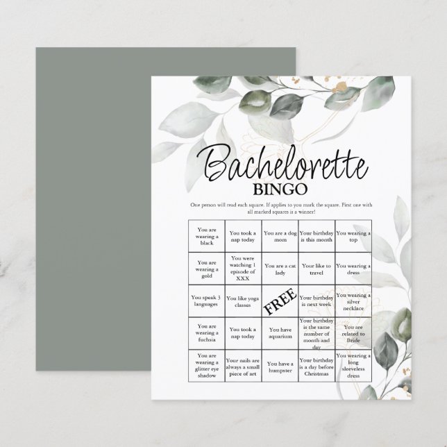 Bachelorette Bingo Greenere Bridal Game (Frente/Verso)