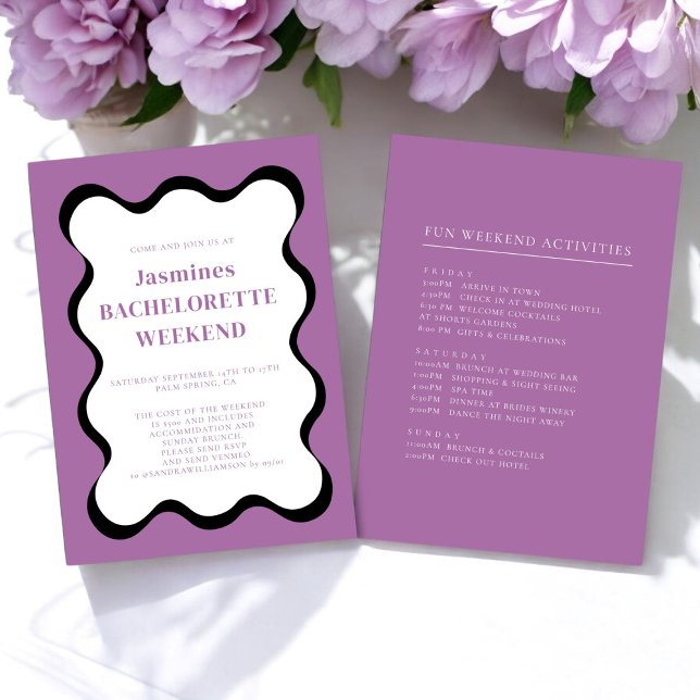 bachelorette de diversão moderna da onda Convite (purple and black wave retro bachelorette weekend invitation )