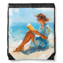 GAROTA AQUARELA NA PRAIA LENDO UM LIVRO