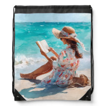 MENINA EM Aquarela NA PRAIA LENDO UM LIVRO