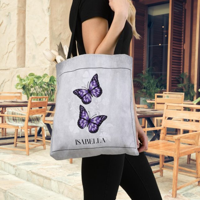 Bag de Tote Personalizada Floral de Borboleta Roxa (Purple Butterfly Floral Personalized Tote Bag)