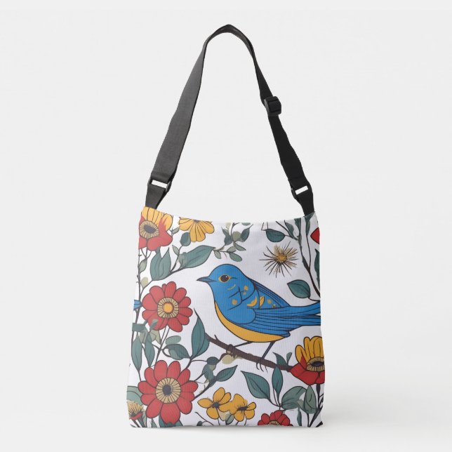 Bag Floral Tote de Arte de Pássaro Azul (Frente)