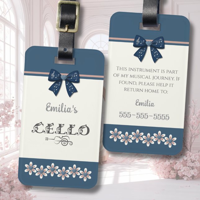 Bagagem Doce Etiqueta para Estojo de Instrumento Cello com (Sweet navy floral cello case tag with boutique bow design and custom contact info on the back.)