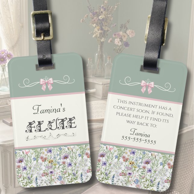 Bagagem Etiqueta de Caso de Instrumento de Estudante de Fl (Floral Flute Case Tag | Whimsical Botanical Aesthetic | Perfect Personalized Gift for Flutists)
