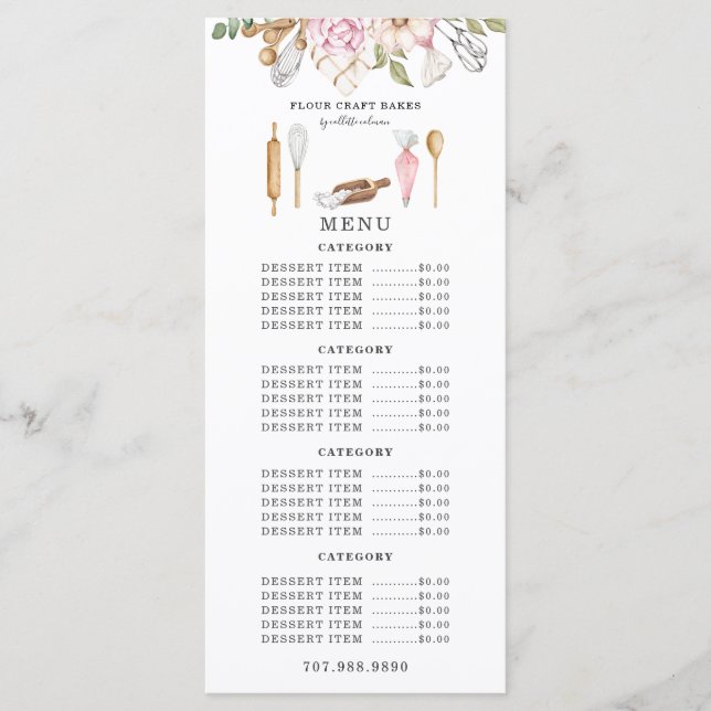 Baker Bakery Watercolor Bakers Utensls Menu (Frente)